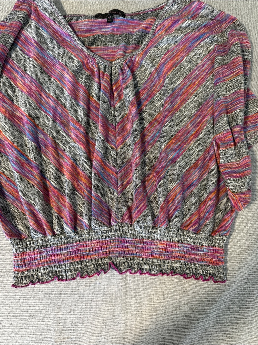 Almost Famous Striped Heathered V-Neck Women’s Top in Gray and Pink SZL - Picture 14 of 15